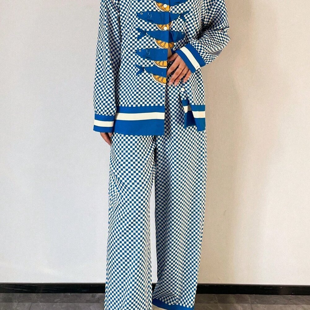 Blue & White Casual Women's Beach Oversized Plaid Long-Sleeved Shirt & Trousers - Picture 4 of 5
